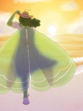 Admiring the Sunset Mary is standing on the beach, admiring the sunset. She is dressed in a light colored dress and is wearing a sunhat, which she is currently holding to keep it from blowing away.