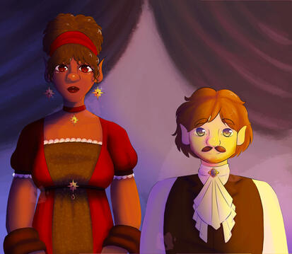 A painted portrait of two humanoid characters dressed in fancy garments and sat in dramatic lighting. They are both looking to the viewer.